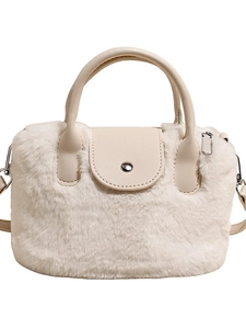 Chic white faux fur handbag with beige leather trim and a detachable crossbody strap