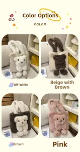 Detailed grid of plush teddy bear shoulder bags in beige, brown, and pink fleece