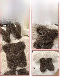 Detail view of plush teddy bear tote bag showing soft sherpa fabric and 3D bear features