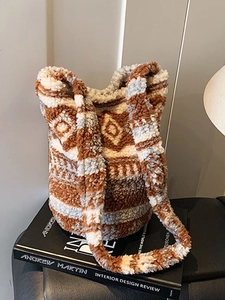 Vintage Ethnic Plush Bucket Bag For Women Retro Geometric Leopard Pattern Fleece Crossbody Bag Winter Soft Shoulder Bag Daily Handbag