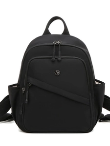 Lightweight black nylon backpack with metal M logo and adjustable straps on white background