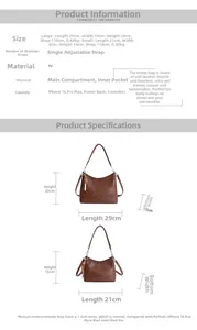 Detailed size chart and specifications for the vintage brown PU leather tote bag models