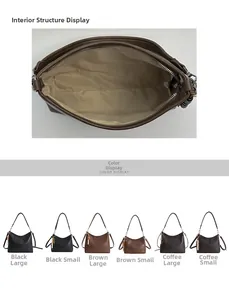Internal lining and color variety of minimalist shoulder bags in brown, black, and coffee