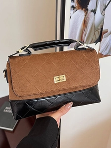 Sac Bandoulière Matelassé Rétro pour Femme en PU et Suède Patchwork Petit Sac Carré avec Verrou en Métal Sac à Épaule Mode