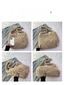 Detail shots of plush tote bag in beige faux fur showing size with smartphone reference