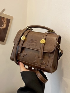 Vintage dark brown PU leather crossbody satchel with star patches and golden buckle