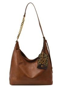 Hobo-Tasche aus braunem Leder mit goldener Kette und Leoparden-Anhänger mit B-Logo