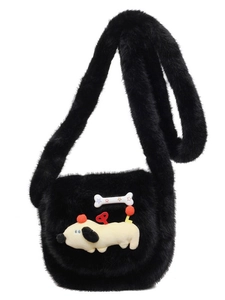Sac à main en fausse fourrure noire avec breloques de chiot mignon pour style d'hiver