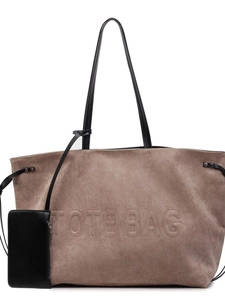 Borsa tote vintage in pelle scamosciata caffè con scritta in rilievo e pochette