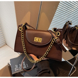 Detail of dark brown matte vintage bag with gold clasp and chain in a warm setting