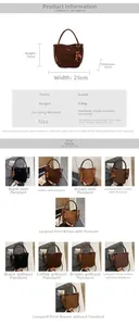 Detail view of suede bucket bag specifications with wood bead accessory and size guide