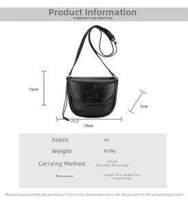 Detail view of lightweight black PU leather moon saddle bag showing material and weight specs