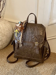 Retro PU Leather Backpack For Women Fashion College Style Commuter Small Travel Bag With Cute Bear Pendant Solid Color Schoolbag