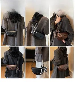 Detail shots of half-moon saddle bag showing black and brown leather with silk scarf