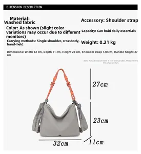 Detailed size chart for gray washed fabric crossbody bag with knot strap dimensions