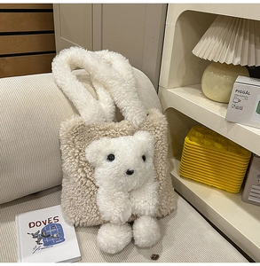 Detail of plush teddy bear tote bag with soft fleece texture and warm beige handles