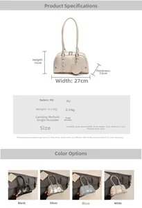 Detailed size chart and specifications for vintage PU leather tote bag with four colors