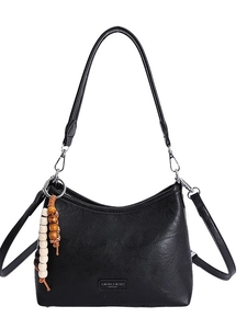 Black pebble texture faux leather shoulder bag with long strap and wooden bead charm