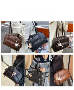 Detail shots of high-capacity vintage tote bags with a sports-themed charm and engraving