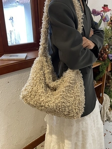 Stylish beige fleece tote bag for women with large capacity and soft plush texture
