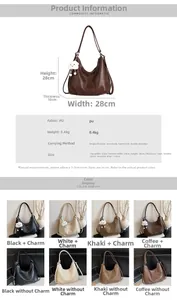 Detailed dimension chart and material specs for the multi-way PU leather shoulder bag