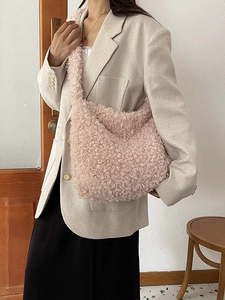 Pink plush hobo shoulder bag for women with a large capacity and fuzzy lamb wool texture