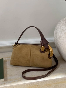 Women Minimalist Retro Boston Bag PU Leather Frosted Texture Shoulder Crossbody Bag Gold Ring Hardware Handbag Daily