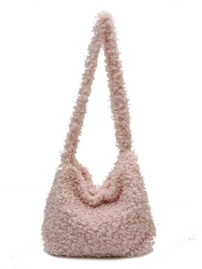 Pink plush teddy fleece tote bag with integrated shoulder strap for winter commute