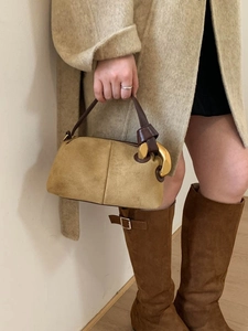 Retro suede Boston bag in brown with gold metal ring detail and leather handle