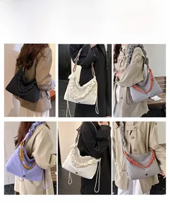 Detail showing various wearing styles of the casual pleated nylon dumpling crossbody bag