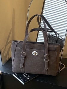 Women Large Capacity Retro PU Leather Tote Bag Vintage Minimalist Contrast Stitching Metal Buckle Shoulder Bag For Daily Work