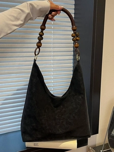 Vintage Women PU Leather Large Capacity Hobo Bag Wood Beads Handle Retro Bohemian Style Shoulder Tote Bag For Daily Commuting
