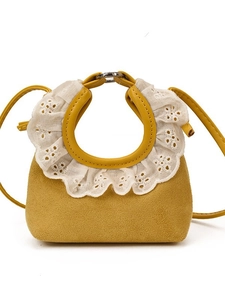 Mini yellow crossbody bag with lace embroidery and circular top handle in sweet style