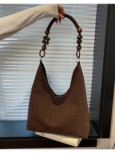 Retro brown large capacity tote bag with unique circular wooden bead shoulder strap