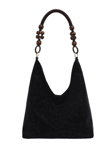 Retro black suede hobo shoulder bag with unique wooden bead strap and large capacity