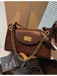 Retro dark brown crossbody bag with suede-leather patchwork and gold chain strap