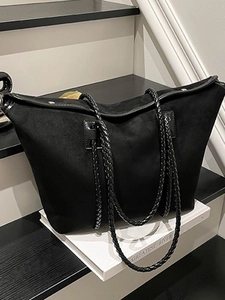 Large Capacity Women PU Suede Look Shoulder Bag Vintage Minimalist Tote Bag With Woven Handles Daily Commuter Handbag
