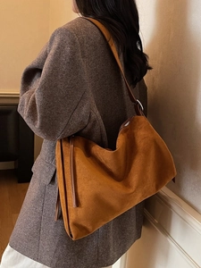 Vintage caramel suede tote bag with large capacity and shoulder strap for women
