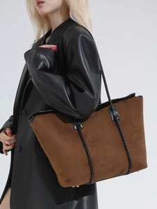 Brown suede tote bag with black woven leather handles and large capacity design
