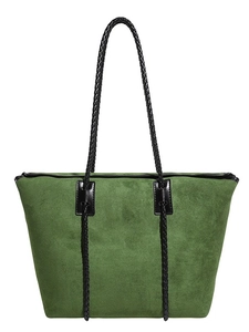 Minimalist green suede tote bag with black woven handles and large capacity