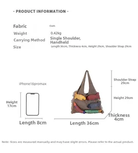 Detailed view of woven tote bag with fish patches showing size 36x29x4cm and 0.42kg weight