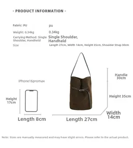 Spécifications détaillées de taille pour le sac seau vintage en cuir PU et mesures