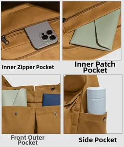 Détails des poches et compartiments de rangement internes du sac fourre-tout en toile