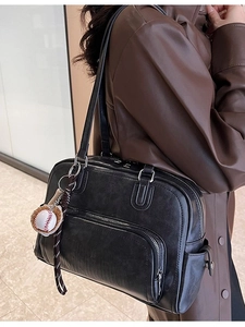 Retro black leather tote bag with large capacity, baseball charm and multiple zip pockets