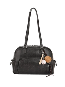 Retro black faux leather large tote bag with vintage bowling design and baseball charms