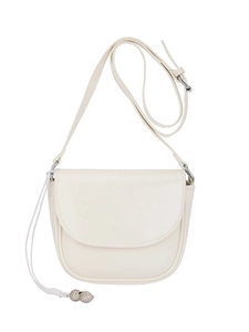Minimalist cream white leather saddle bag for women with adjustable strap on white background