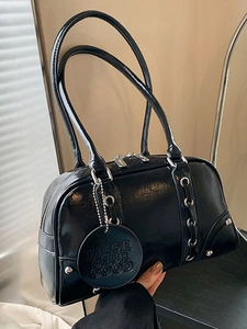 Vintage Glossy PU Leather Tote Bag For Women Fashion Boston Shoulder Bag With Rivets Elegant Underarm Handbag For Daily Use