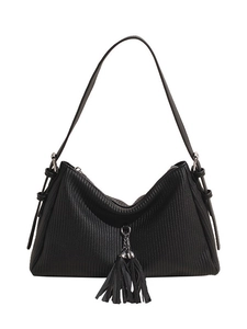 Minimalist black large capacity shoulder bag with vertical ripples and double fringe