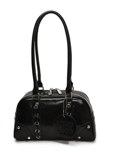 Retro black soft leather tote bag with silver rivets and studs in bowling bag style