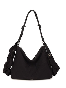Modern black nylon ruched hobo bag with trendy black and white braided rope strap